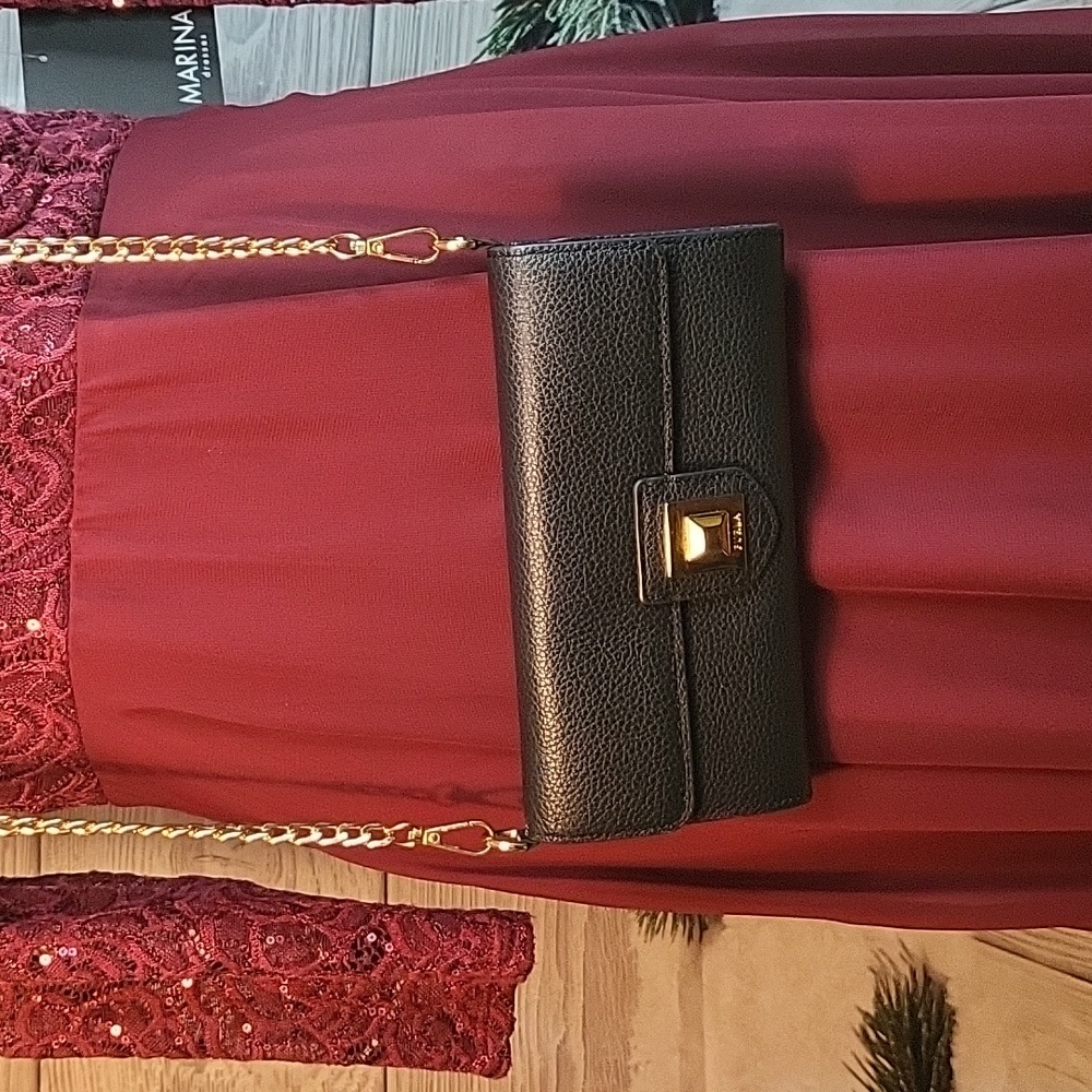 Furla Long Black Leather Wallet with Crossbody chain, Authentic